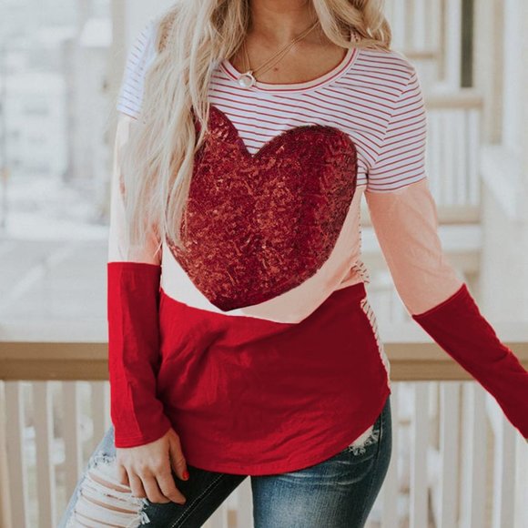 Tops - Sequin Heart Striped Shirt Valentines Day